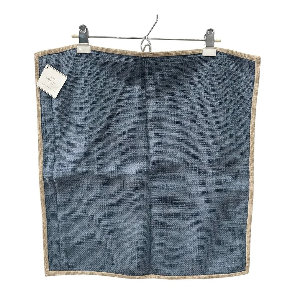 Pottery Barn Blue Cotton Basketweave Tan Flange Pillow Cover 20x20 NWT